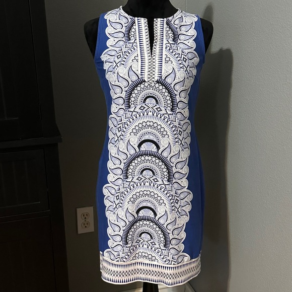 New York & Company Dresses & Skirts - New York & Company Dress Small Blue White Cotton Sheath Boho Geo Print
